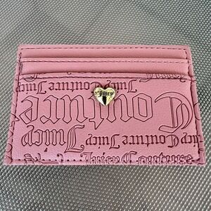 Juicy Couture Pink Embossed Logo Card Holder with Gold Heart Charm Y2K Style